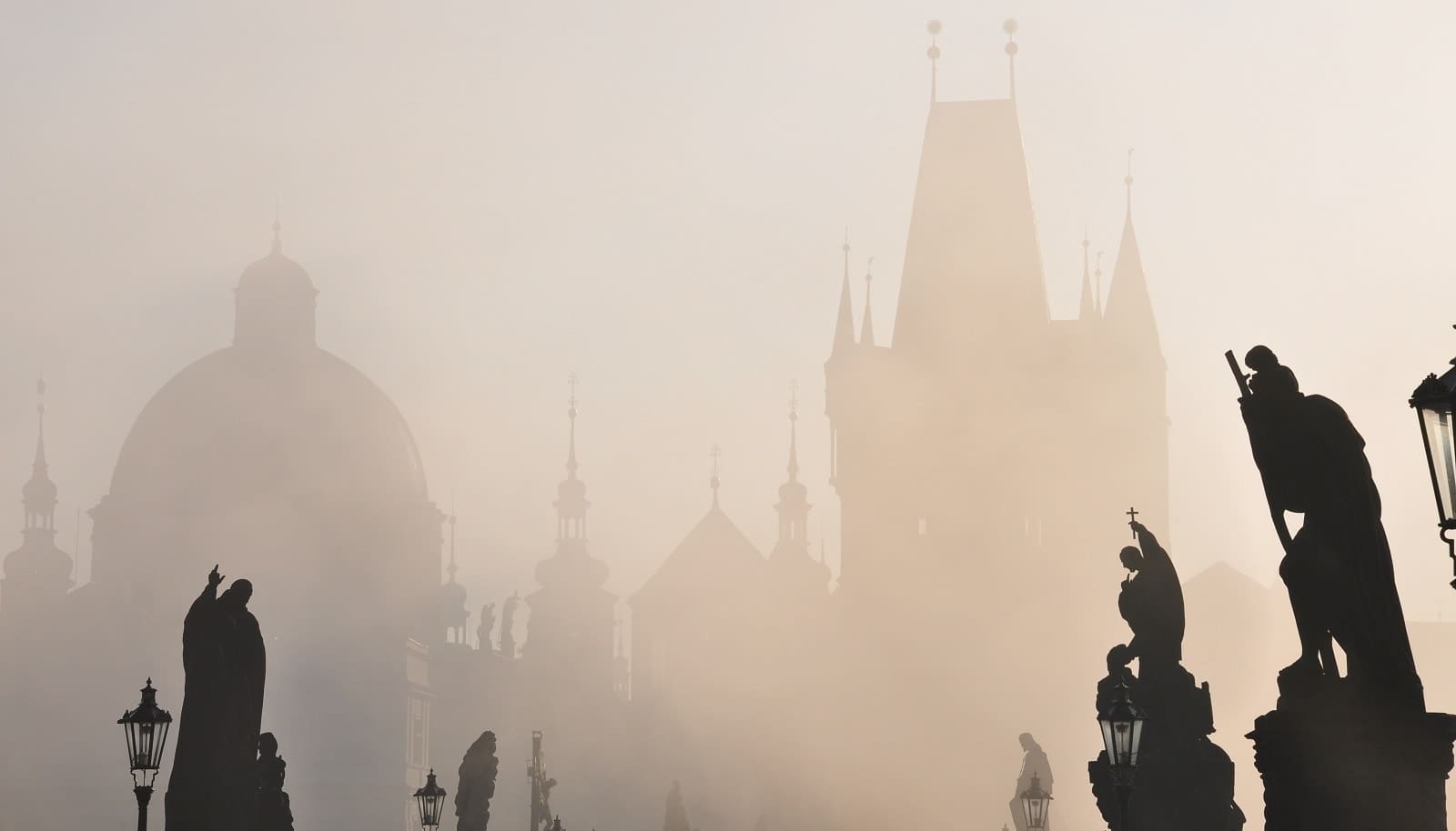 Prague cityscape - silhouette of Charles Bridge